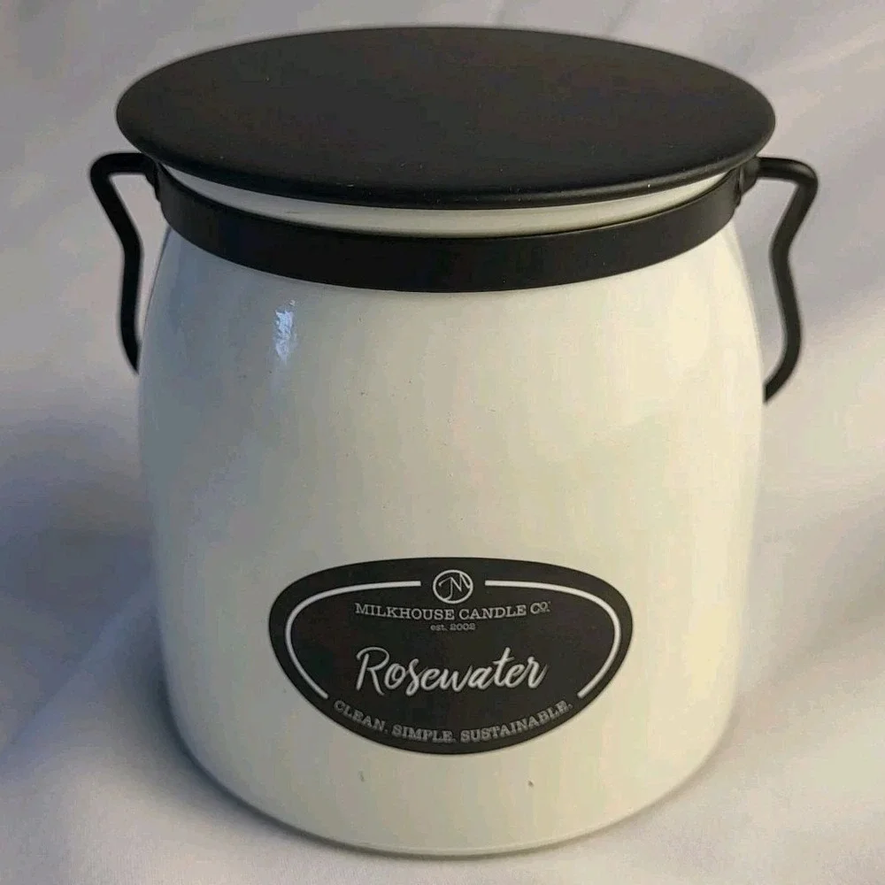 New Milkhouse Candle- Rosewater (Retired Scent) Double Wick 16 Ounce Jar Candle